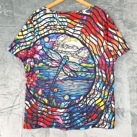 Womens Top XXL Artsy Statement Dragonfly Stained Glass Unique Bright Colorful - Picture 5 of 5